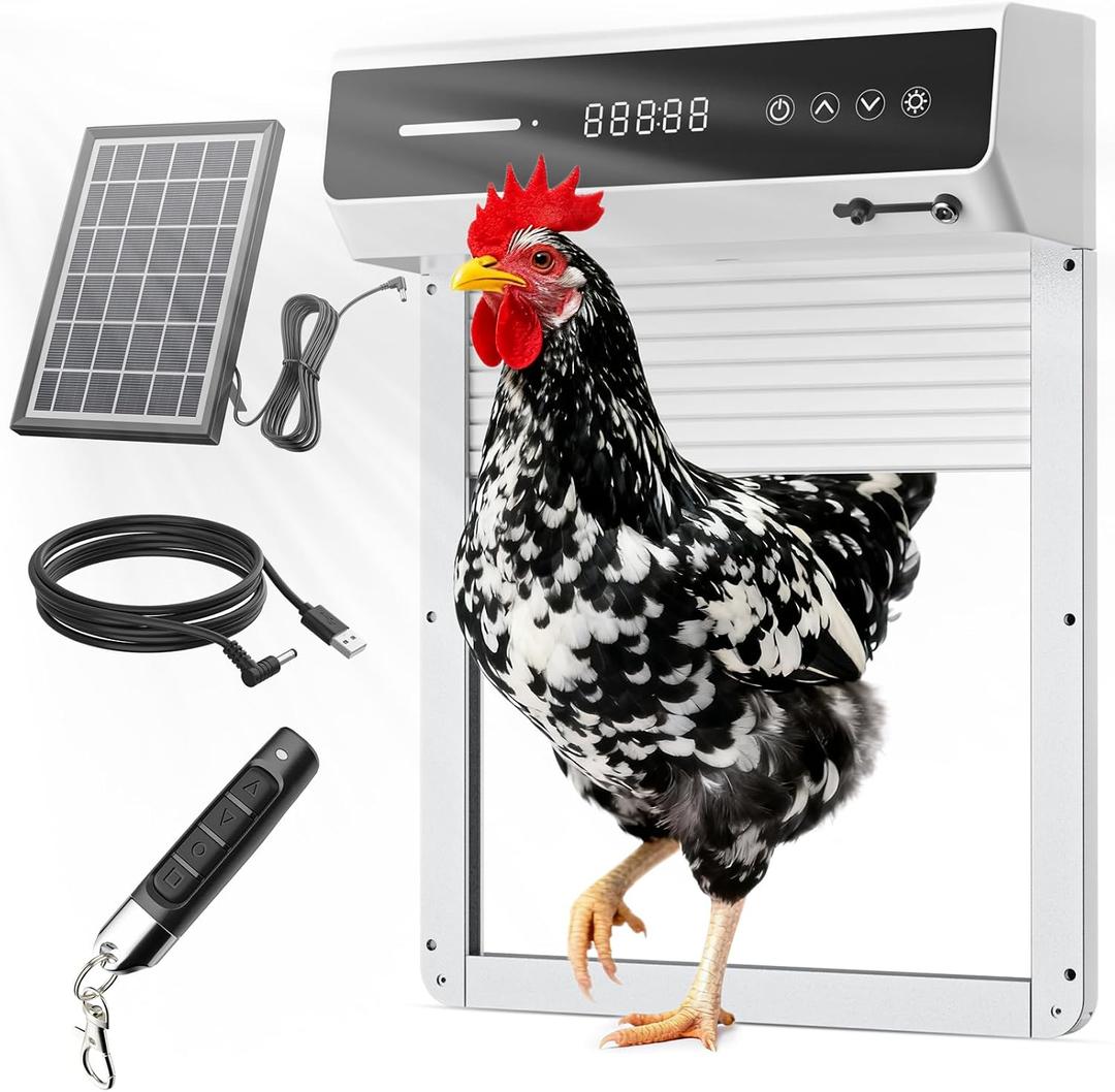 Automatic Chicken Coop Door Solar, Battery Powered & Weatherproof Aluminum, Timer Modes for Safe and Convenient Chicken, Easy Install, Reliable All-Season Performance (White+Black)