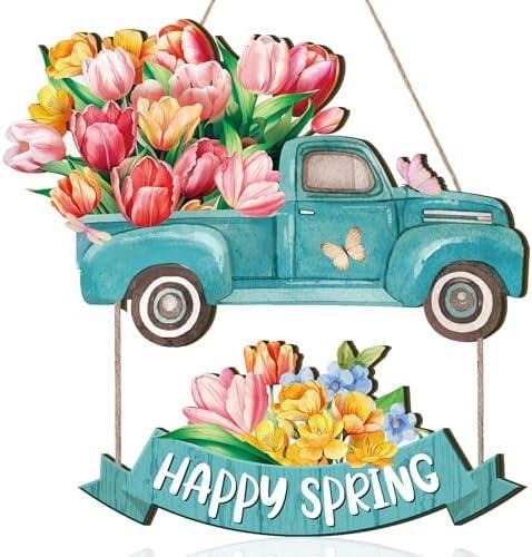 Barydat Spring Door Sign Tulip Gnome Wreath for Front Door Wreath Truck Gnome Welcome Hanger Wooded Hanging Wall Sign for Home Summer(Truck)