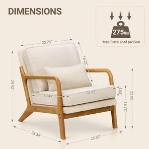 COLAMY Mid Century Modern Accent Chair Set of 1 with Lumbar Pillow, Relaxing Armchair with Solid Wood Frame & Soft Cushion, Reading Leisure Chair for Living RoomBeige