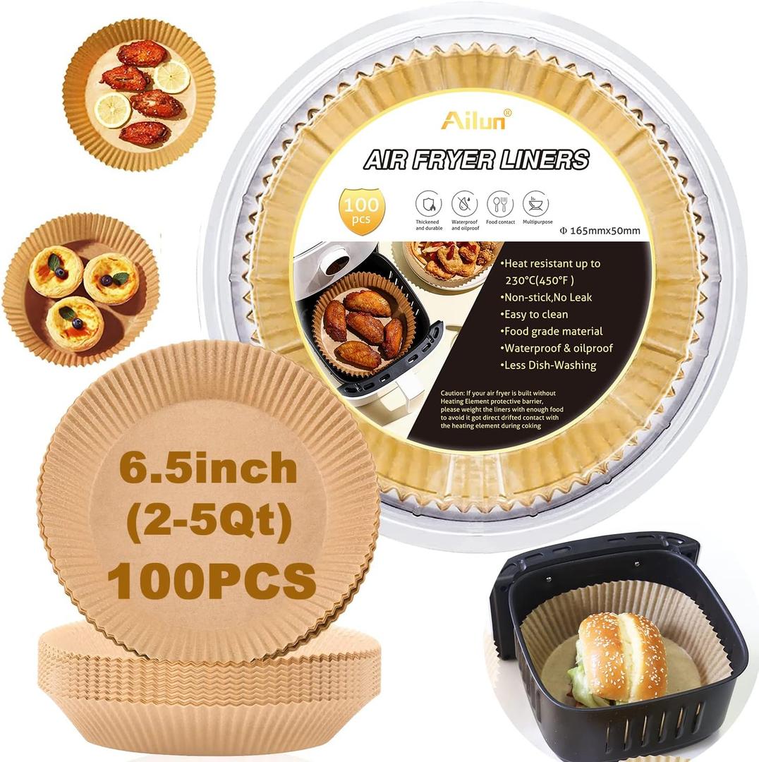 Ailun Air Fryer Paper Liners 6.5inch, 100PCS Non-Stick Parchment Paper,Oil Resistant,Disposable Food Grade Free of Bleach Paper Round for 2-5 QT Air Fryer Baking Roasting Microwave (Brown)