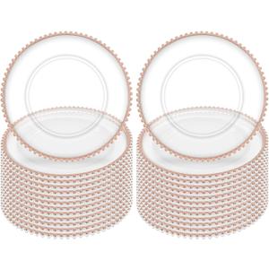 24 Pack Clear Charger Plates With Rose Gold Beaded Rim - 13 Inch Plate Chargers for Dinner, Acrylic Decorative Plates, Transparent Decorative Dinner Charger Plates for Events & Parties (Rose Gold)