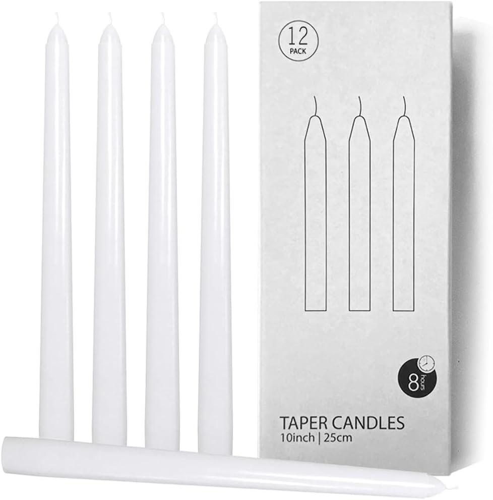 12 Pack White Taper Candles, 10 Inch Unscented Long Taper Candles White, Low Heat Romantic Candles for Couples, Wedding, Home Decoration, Dinner