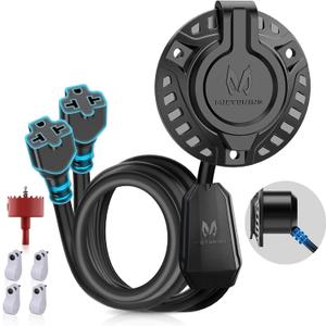 MICTUNING 15A 250V AC Port Plug, 5-in-1 T-Blade Adapter & 20'' Dual Extension Cord, 12 AWG RV Power Inlet Outlet Socket Heavy-Duty Shore Waterproof Outdoor Electrical Receptacle, with Hole Saw