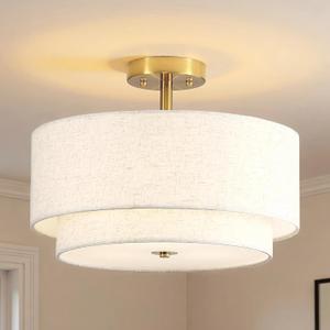 16" Semi Flush Mount Ceiling Light Fixture, 3-Light Black Flush Mount Ceiling Light with Double Drum Fabric Shades for Dining Room Bedroom Kitchen Hallway Living Room, E26 Socket, Large