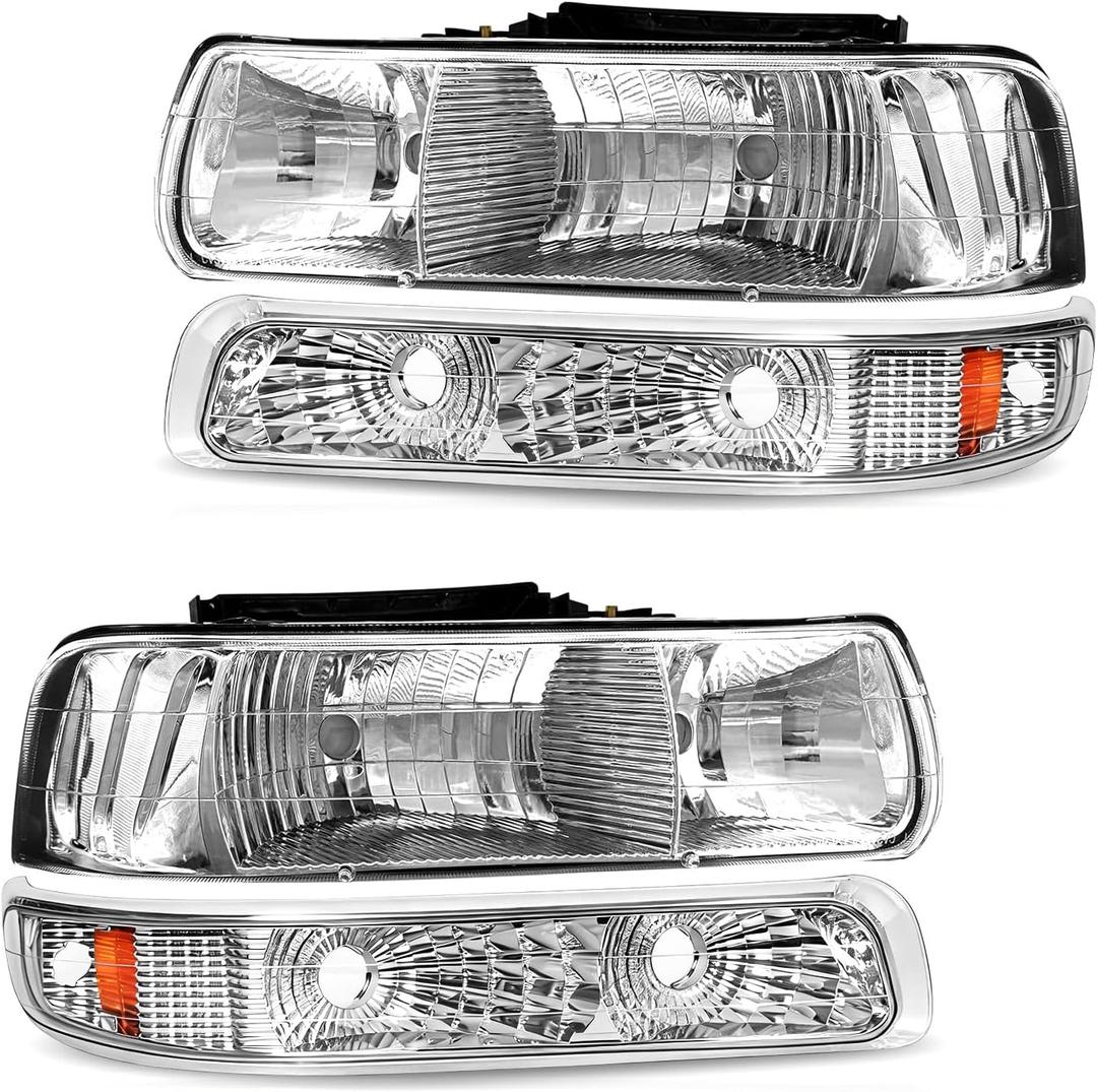 AS Headlight Assembly Compatible with 1999 2000 2001 2002 Chevy Silverado 1500 2500/2000-2006 Suburban 1500HD 2500HD Tahoe Headlamp withChrome Housing Amber Reflector Clear Lens