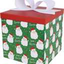 LaRibbons Large Christmas Gift Boxes with Lids, 10x10x10 Inches Santa Design Folding Square Gift Boxes for Christmas Decorative, Xmas, Present, Storage, Green