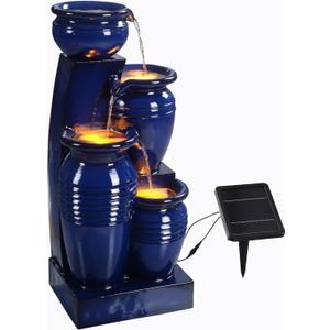 Teamson Home 28.74 in. 4-Tier Cascading Bowl Solar-Powered Water Fountain with LED Lights for Gardens, Landscaping, Patios, Balconies, Lawns, Navy Blue