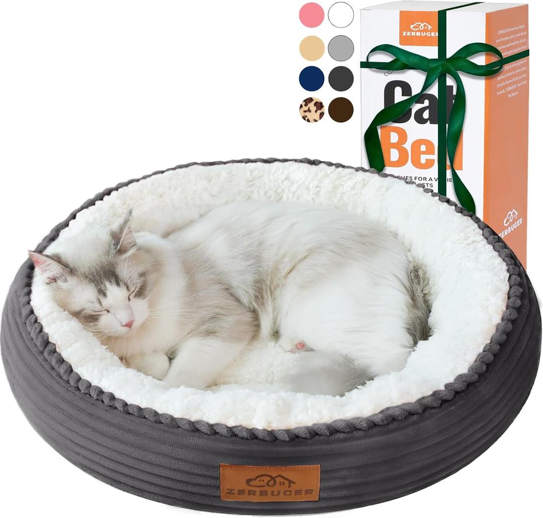 20in Washable Cat Beds for Indoor Cats - Round Donut Pet Bed for Cats, Small Dogs, Puppy, Kitten - Anti-Slip Bottom, Calming Bed Gift - Dark Grey (20.0"L x 20.0"W x 6.5"Th)