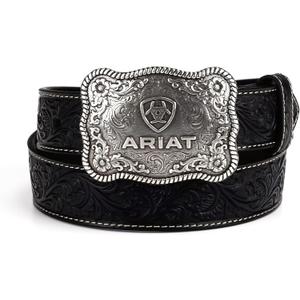 ARIAT Men's Floral Embossed Leather Belt with Antiqued Silver Buckle (Black)
