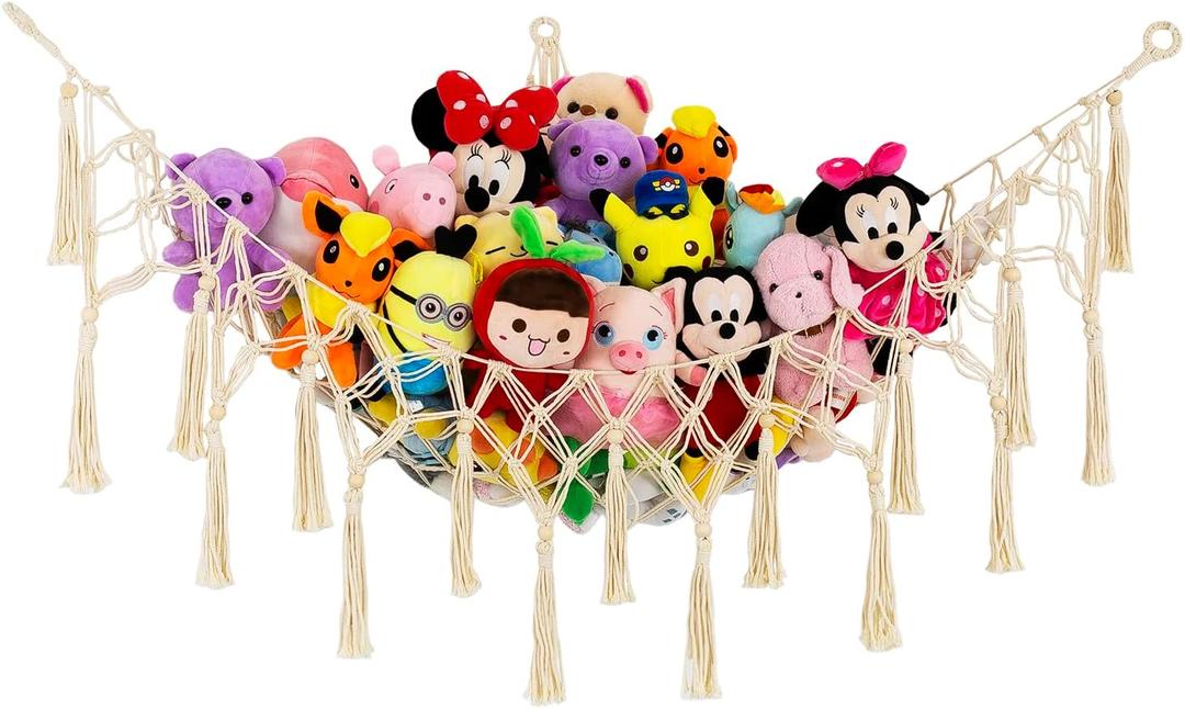 Stuffed Animal Net or Hammock - Macrame Toy Storage, Plush Organizer, Corner Hanging Net, Boho Nursery for Kidroom Playroom - Cream