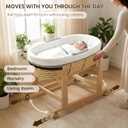 Wooden Bassinet Stand with Foldable Wheels and Change Mat, Rocking Moses Basket Stand for Baby Bassinets, Baby Basket Stand with Waterproof Diaper Changing Pad