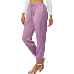 Allegra K Women's Drawstring Elastic Waist Athleisure Pants Ankle Length Satin Joggers with Pocket X-Large Dull Purple