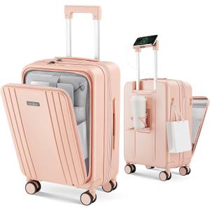 Carry on Luggage Top opening Suitcases, Expandable with Cup&Phone Holder and USB Charging Port,Hardside with Front Pocket Rolling Suitcases with Spinner Wheels & YKK Zippers (Pink, 20 Inch)