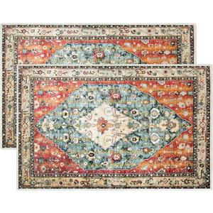 2 Pcs Washable Indoor Doormat 18" x 30" Non Slip Retro Floor Mat Area Rug Absorbent Entrance Rug Distressed, Accent Throw Rug for Bedroom Kitchen Entryway Bathroom (Tribal)