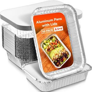 Aluminum Foil Pans with Lids - 2.25 LB Food Containers Disposable Tin Foil Meal Prep Containers with Lids, 50 Pans and 50 Cardboard Covers for Baking, Freezer & Food Storage, 8.5" X 6" (50 Pack)