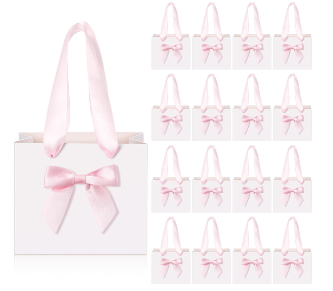 Kolldenn 50 Pcs No DIY Small Gift Bags with Pink Bow Ribbon 4''x2.7''x4.5'' Mini White Paper Thank You Bags Bulk with Handle for Baby Shower Wedding Party Favor Birthday Return Guests