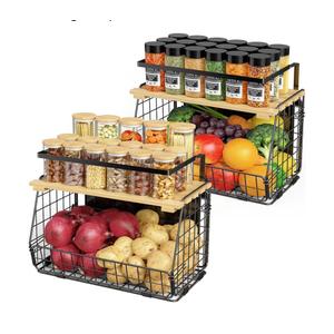 Magnetic Shelf for Fridge with Wood Lid: 2 Pack Fruit Potato and Onion Storage Bin - Magnetic Spice Rack for Refrigerator & Kitchen Counter - Pantry Organizers and Storage