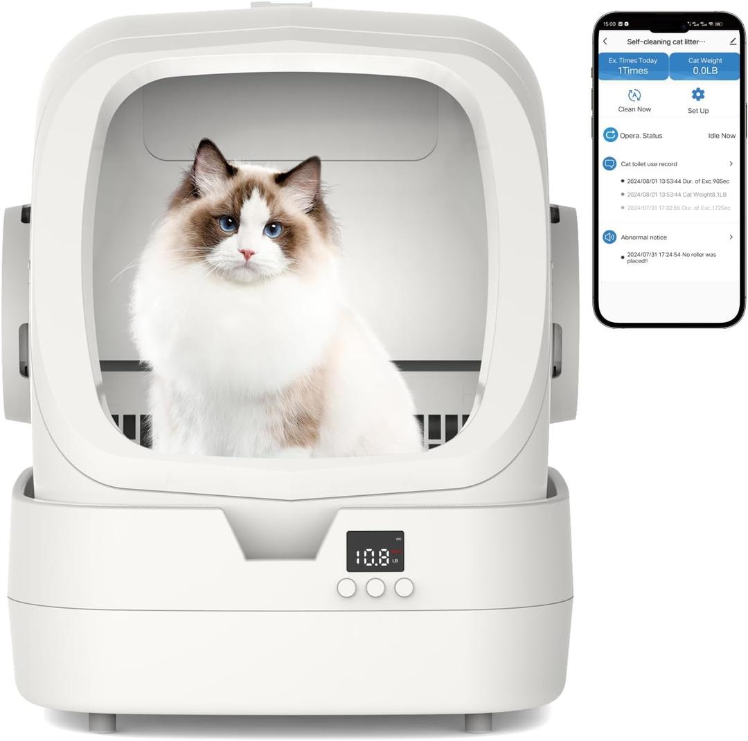 Automatic Cat Litter Box Self Cleaning - APP Control - Weight Monitoring - Ultra-Quiet, Medium Cats and Kittens Litter Box, Safe Anti-PinchAssembly Required- White