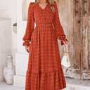 MASCOMODA Women Maxi Dress 2025 Fall Long Sleeve V Neck Swiss Dot Boho Smocked High Waisted A-Line Tiered Flowy Long Dresses (M)