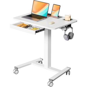 Mobile Standing Desk with Drawer, 28" Rolling Desk with Cup Holder and Hooks, Portable Laptop Cart on Wheels, Height Adjustable Workstation with Storage for Home Office, White