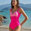 QINSEN Womens Sexy V Neck One Piece Bathing Suit Color Block Swimsuit High Waist Monokini (Pink, M)