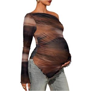 MakeMeChic Women's Maternity T Shirt Spring Tie Dye Asymmetrical Lettuce Trim Long Sleeve Pregnancy Tops (Brown, S)