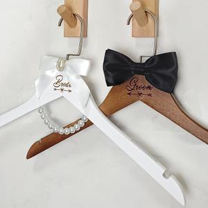 Pair of Bride Hanger Wooden Wedding Dress Non-Slip Pearl Hangers Groom Suit and Gown Hanger with Bow Tie Bridal Party Personalized Gift (Style 3)