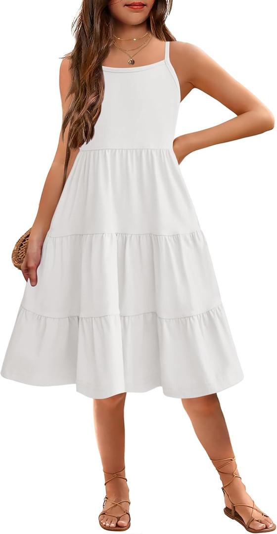 Arshiner Toddler Girl's Summer Sundress Boho Strap Casual Sleeveless Tiered Swing Cami Dresses with Pockets for 3-10 Years (4-5T, White)