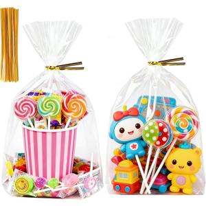 Soarvita Cellophane Bags 8x11x3.2 Inch, 50 Pcs Clear Plastic Gift Bags with Bottom Gusset for Stand-Up Display, Medium Cello Gift Wrap for Goodies, Treat, Candy, Party Favors, Includes 60 Gold Ties