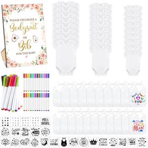 Panitay 100 Pcs Blank Bib Bodysuit Baby Shower Set Baby Shower Sign Blank Feeder Bib DIY Bodysuit Fabric Colorful Marker(Floral)