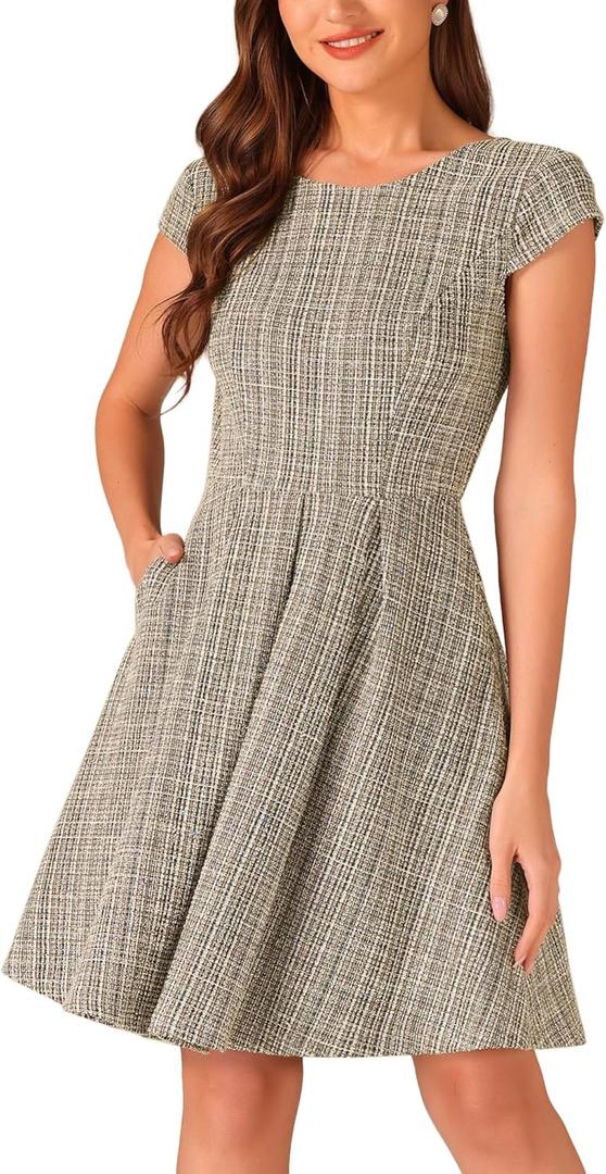 Allegra K Plaid Tweed Dress for Women's 2025 Fall Round Neck Cap Sleeve A-Line Vintage Pleated Dresses (Medium)