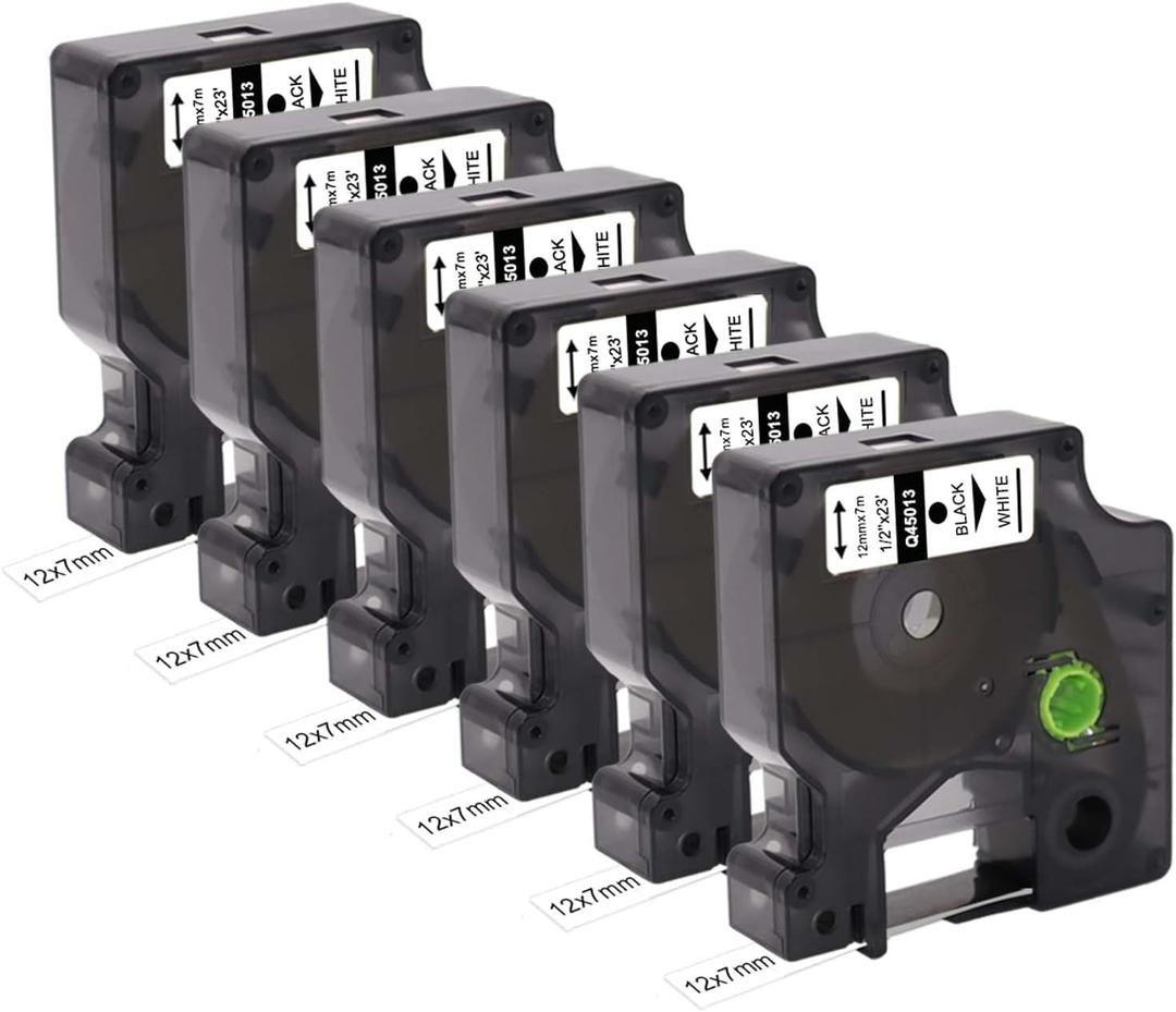 Compatible with Dymo D1 Label Tape 45013 6-Pack Black on White 1/2" (12 mm) 23 ft Replacement Refill for DYMO LabelManager 160 280 210D 360D 420P & 450 Duo