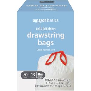 Amazon Basics Tall Kitchen Drawstring Trash Bags, Clean Fresh Scent, 13 Gallon, 80 Count (Previously Solimo)