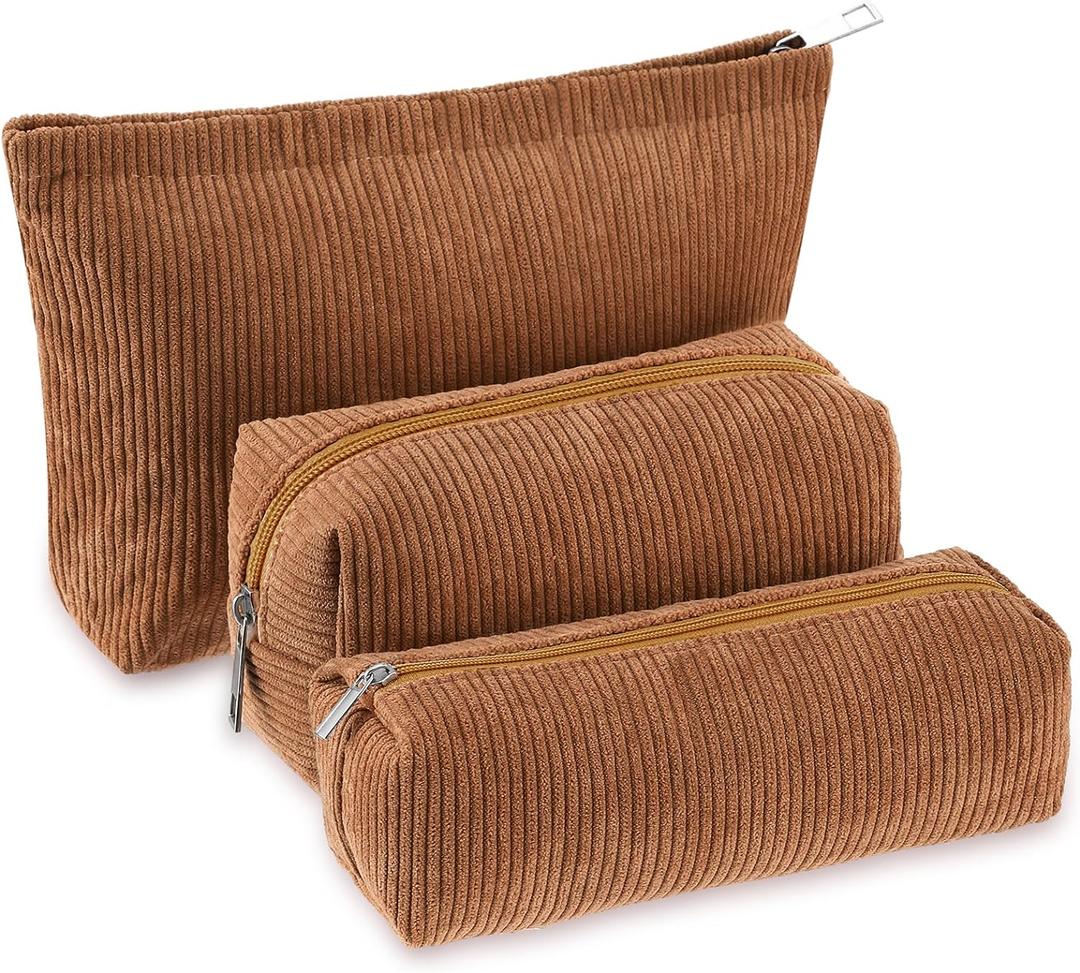 3 Pcs Makeup Bag Set for Women Corduroy Cosmetic Pouch Aesthetic Smile Travel Toiletry Bag Cute Purse Pouch Pencil Case Makeup Brushes Storage Organizer with Zipper(Brown,Solid Style)