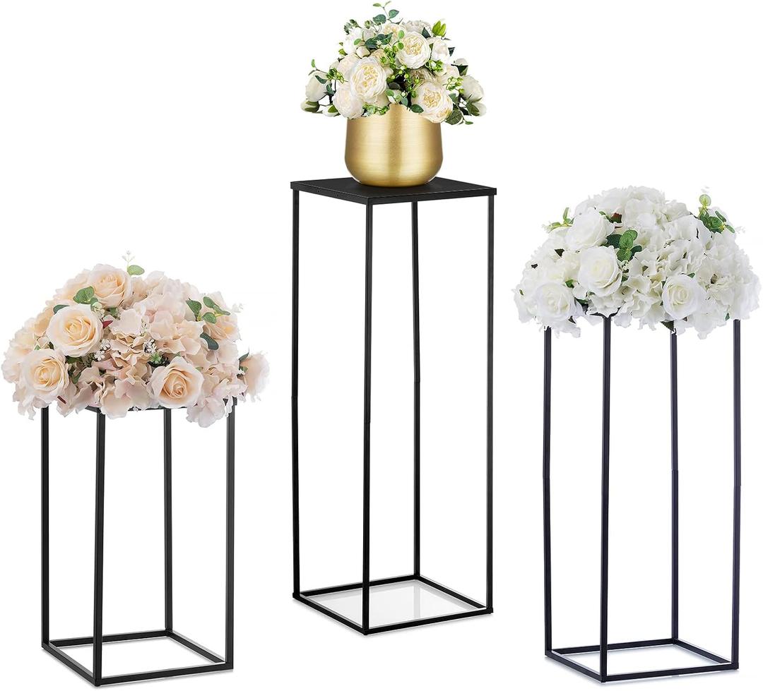 Nuptio Black Vase Plant Stand - 3 Pcs Tall Flower Vases for Wedding Birthday Party Centrepieces - Metal Column Display Table Rack Indoor Corner Flower Stand for Living Room Decor(15.7/23.6/31.5in)
