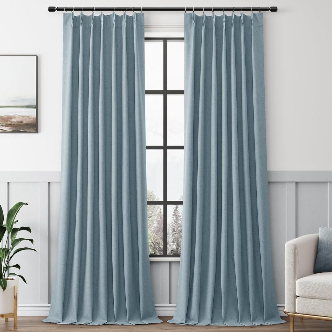 Blue 100% Blackout Pinch Pleated Linen Curtains 96 Inches Long for Living Room Bedroom Pinch Pleat with Hooks Back Tab Linen Drapes Thermal Insulated Room Darkening 96 Inch Length 40x96