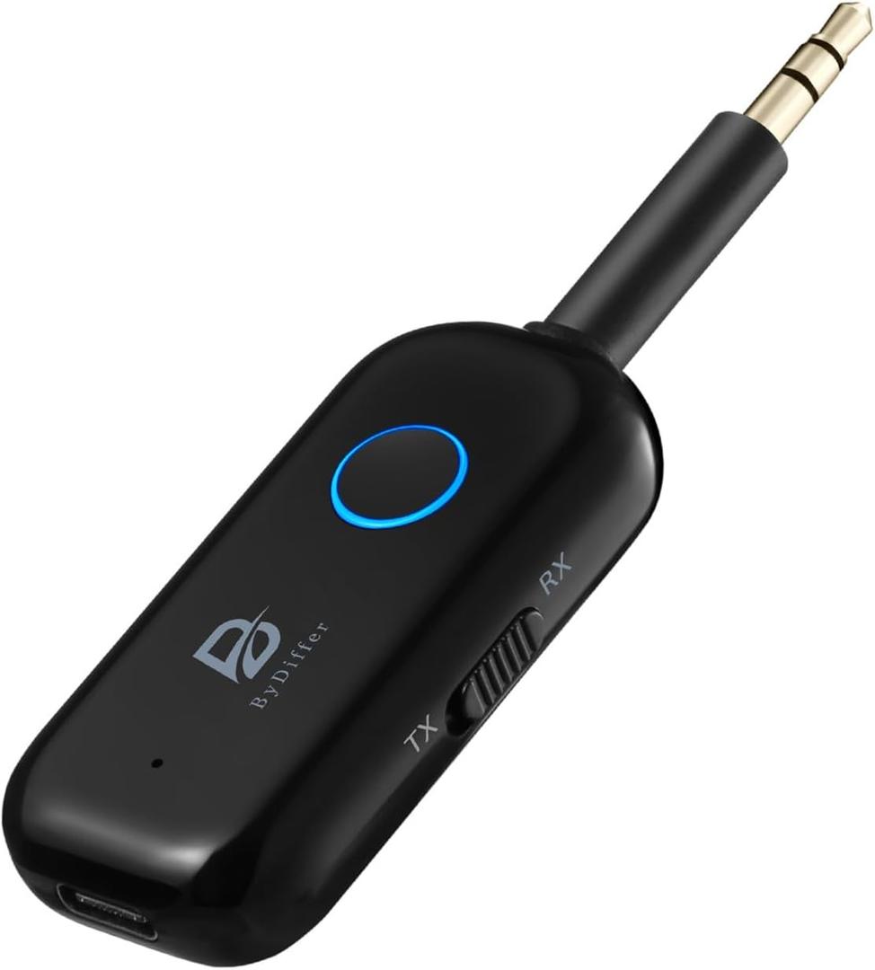 BYDIFFER Bluetooth Transmitter Receiver for Headphones Wireless Dual Pairs, AptX Low Latency 3.5mm Aux Audio Bluetooth 5.2 Adapter Splitter for TV, Airplane, Car, Gym, PC (Black)
