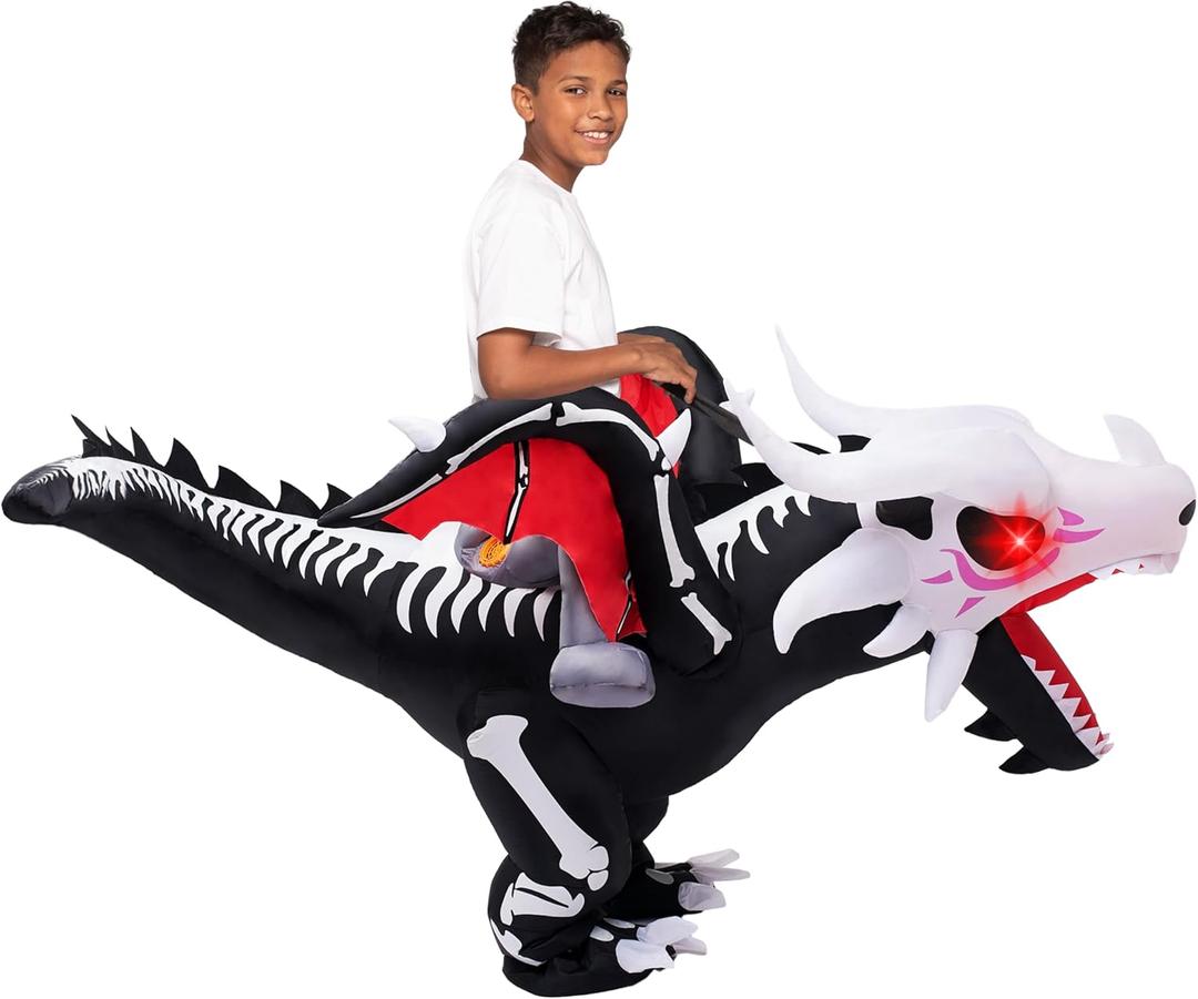 Spooktacular Creations Halloween Dragon Skeleton Inflatable Costume Kids, LED Light Eyes Skeleton Dinosaur Blow Up Costumes, Ride On Deluxe Set for Halloween Parties (Up to 4ft7'')