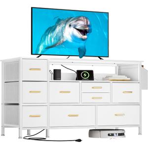 YITAHOME Dresser TV Stand for 55'', 9-Drawer Dresser with Power Outlet, Wide White Drawer with Metal Handle and PU Finish