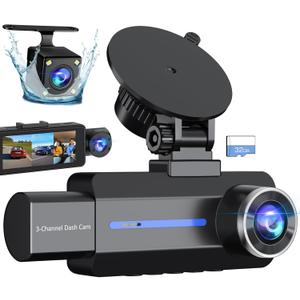 Dash Cam Front and Rear, 2.5K+1440P Triple Car Camera with 32GB Card, 3 Channel Dash Camera for Cars, G-Sensor, 3.16 IPS Screen, 24Hr Parking, 170Wide Angle, Loop Recording, IR Night Vision, Blue