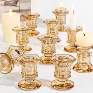 Glass Candle Holders Set, 12 Pcs Gold Candlestick Holders Bulk, Taper Candle Holders for Wedding, Festival Table Centerpiece,Home Decoration (Amber)