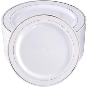 bUCLA 100Pieces Silver Plastic Plates - 10.25inch Silver Rim Disposable Dinner Plates - Ideal for Weddings, Parties