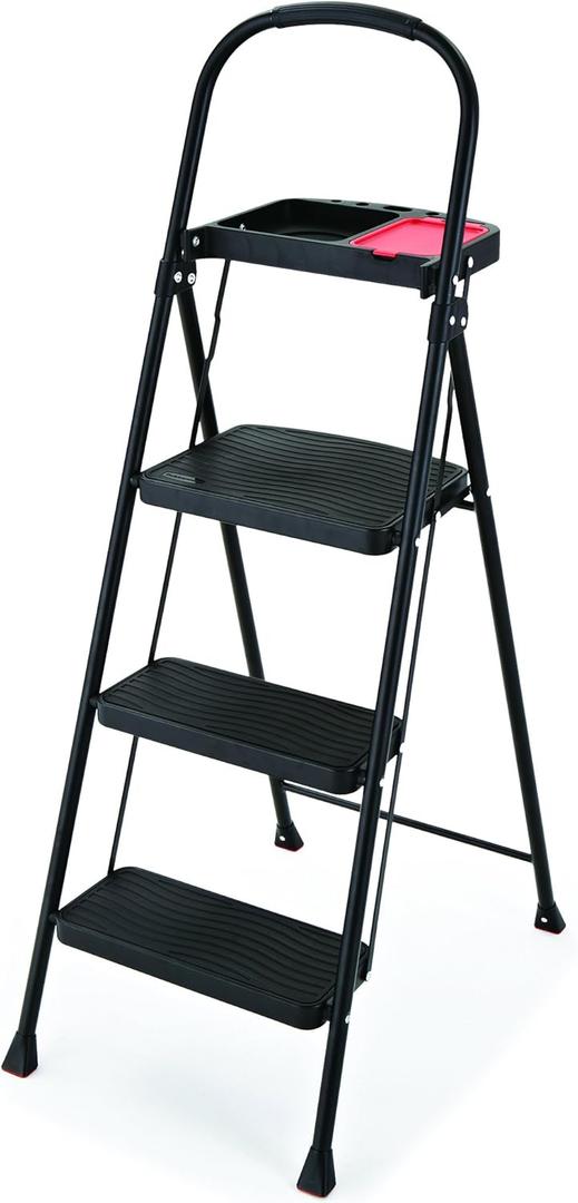 Rubbermaid 3-Step Steel Ladder with Project Tray, Folding Step Stool with Hand Grip and Non-Slip Feet, White, Tested to ANSI US Safety Standards, No Assembly Required