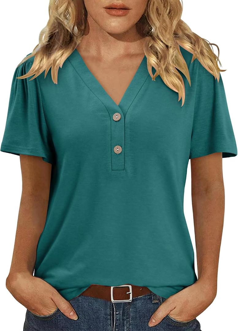 BETTE BOUTIK Womens Summer Shirts Short Sleeve V Neck Tunic Tops Casual Fashion Blouses (M)