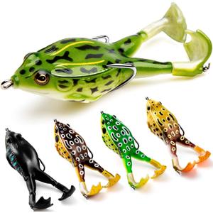 Topwater Frog Lure Bass Trout Fishing Lures Kit Set Realistic Prop Frog Soft Swimbait Floating Bait with Weed less Hooks for Freshwater Saltwater (A1-5pack-1)