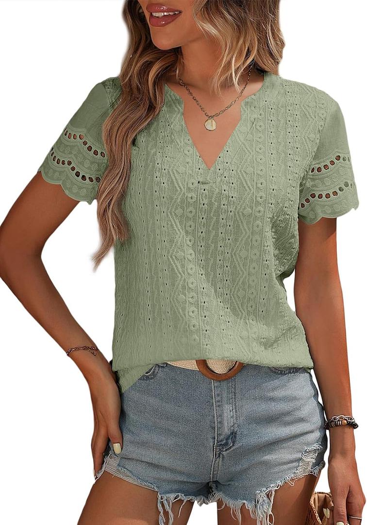 EVALESS Summer Tops for Women V Neck Short Sleeve Lace Eyelet Tops Dressy Casual Blouses 2026 Trendy, Medium
