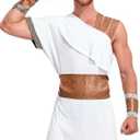 Khanda Greek Warrior Costume Toga Costume Mens Roman Greek God Costume with Headdress Belt Wrist Cuffs M, White