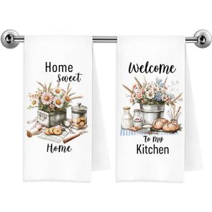 Rustic Farmhouse Floral Kitchen Towels, Housewarming Gifts for Women, Home Sweet Home House Warming Decorative Dish Tea Hand Towels for Kitchen, 16x24 Inch Set of 2