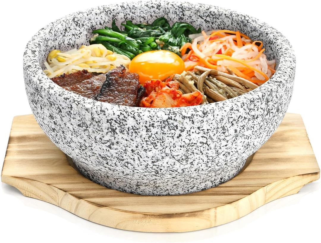 Dolsot Bibimbap Bowl, 27 Oz Korean Stone Bowls Cooking Pot with Wood Tray, Granite Stone Bowl Sizzling Hot Pot for Korean Restaurants, Soup, Rice, Stew