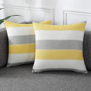 AmHoo Pack of 2 Farmhouse Stripe Check Throw Pillow Covers Set Case Cotton Linen Decorative Pillowcases Cushion Cover for Couch Bench Sofa 18x18Inch Yellow Beige (18" x 18" (Pack of 2))